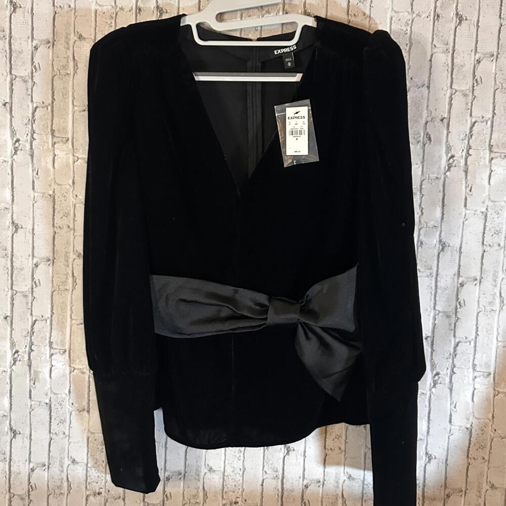 Express Black Vintage Velvet Long Sleeve Top with Satin Bow - Size M